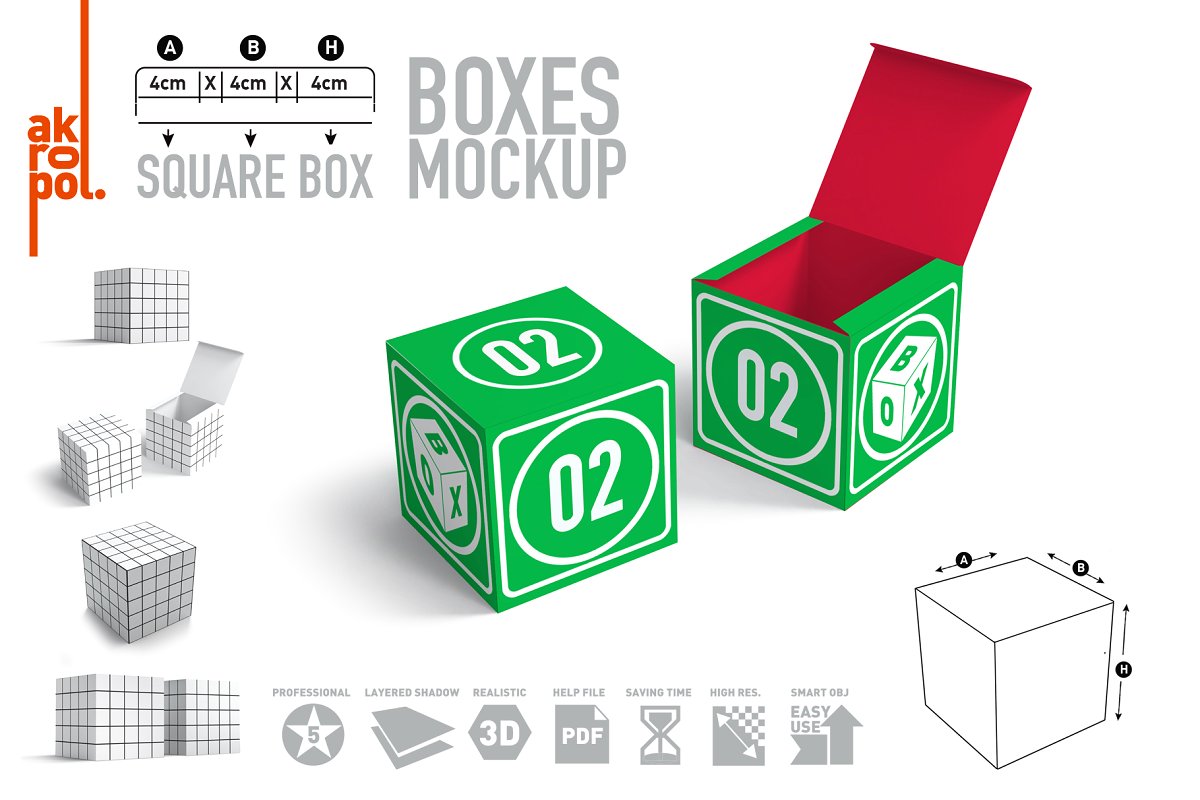 4 Unique Square Boxes Mockup PSD