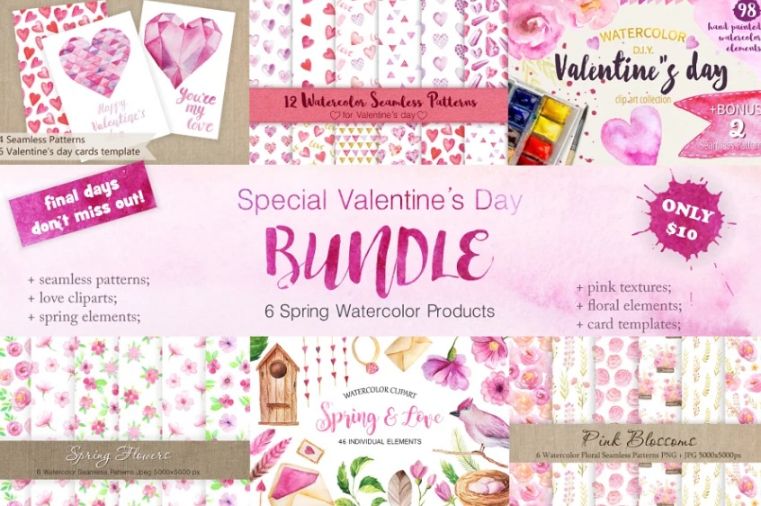 Watercolor Style Valentines Day Bundle