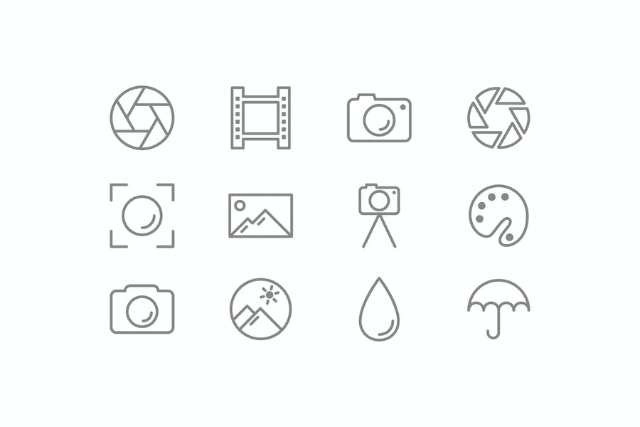 12 Outlined Photography Icons Set