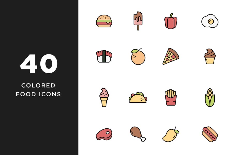 40 Colored Food Icons Set