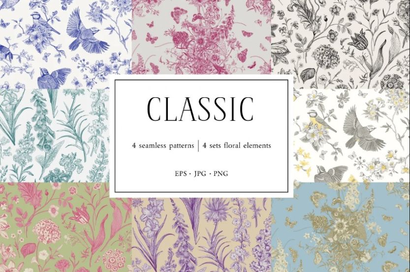 4 Seamless Classic Floral Pattern Design