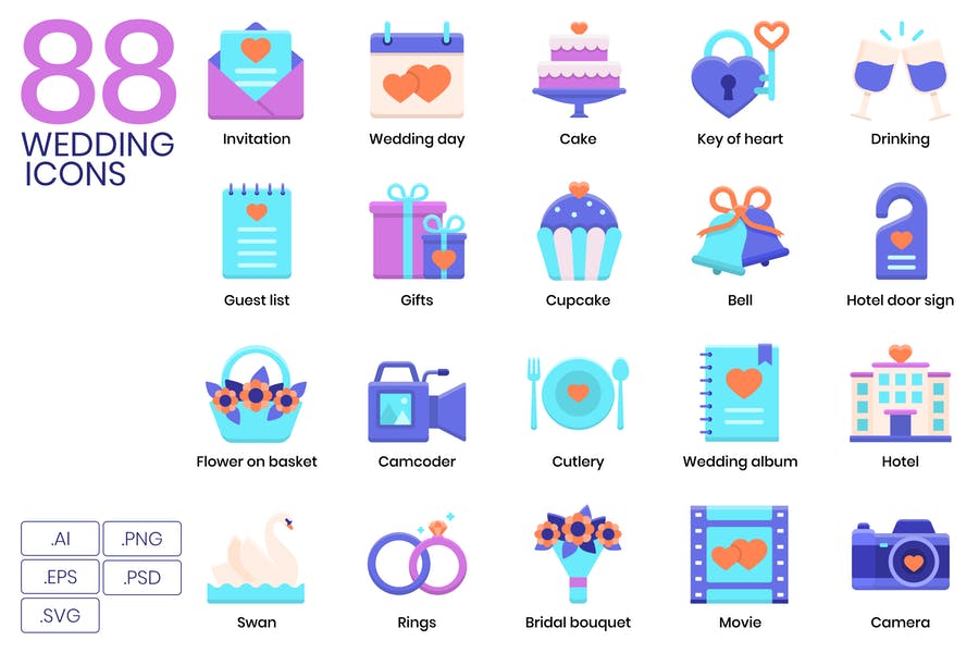 55 Colorful Wedding Icons Set