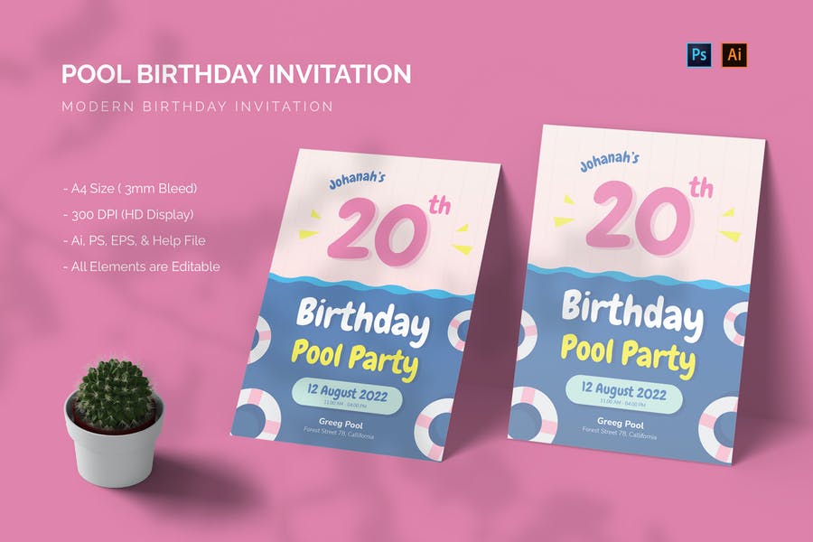 A4 Pool Party Invite