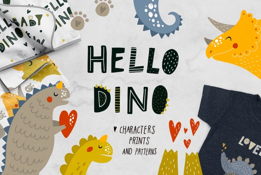 Cute Dinosour Vector Illustrations and Patterns