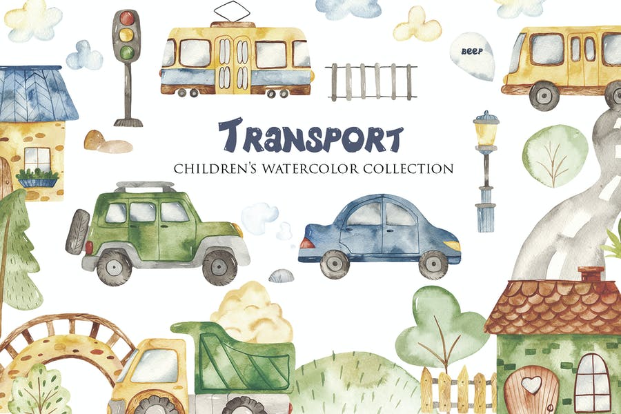 Watercolor Style Vehicle Collection
