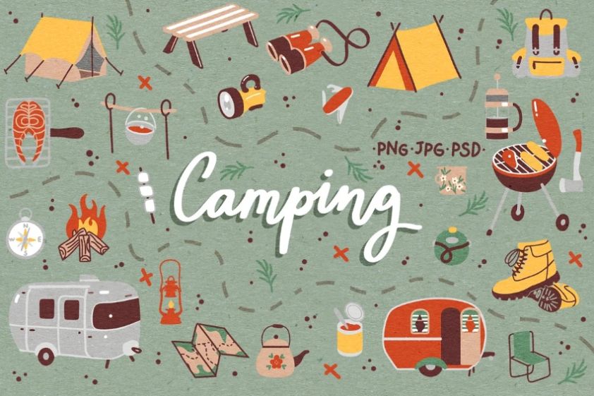 Camping Doodles and Pattern Set