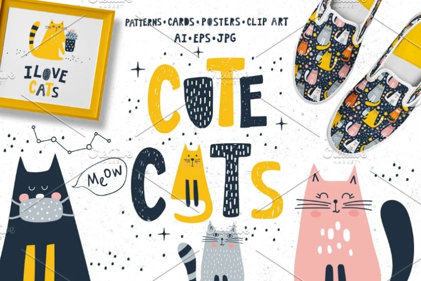 Cute Cat Cliparts and Patterns