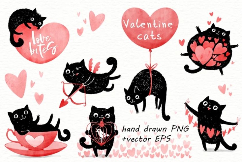 Hand Drawn Valentines Cat Illustrations