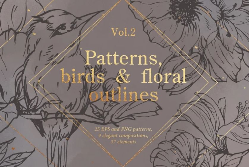Outlined Flower and Birds Pattern