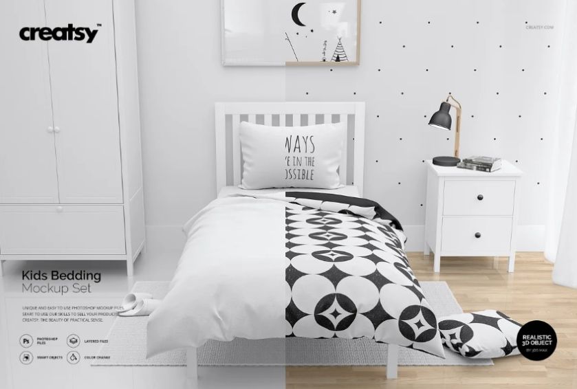 Realistic Kids Bed Room Mockup Set