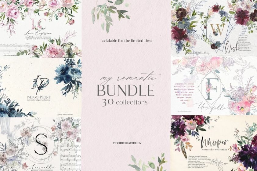 Romantic Floral Cliparts and Patterns Bundle