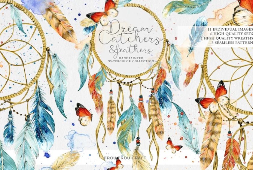 Watercolor Dreamcatcher and Feathers Illustrations