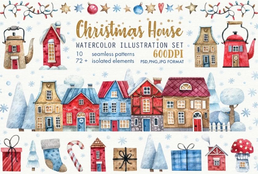 Watercolor Seamless Christmas Houses