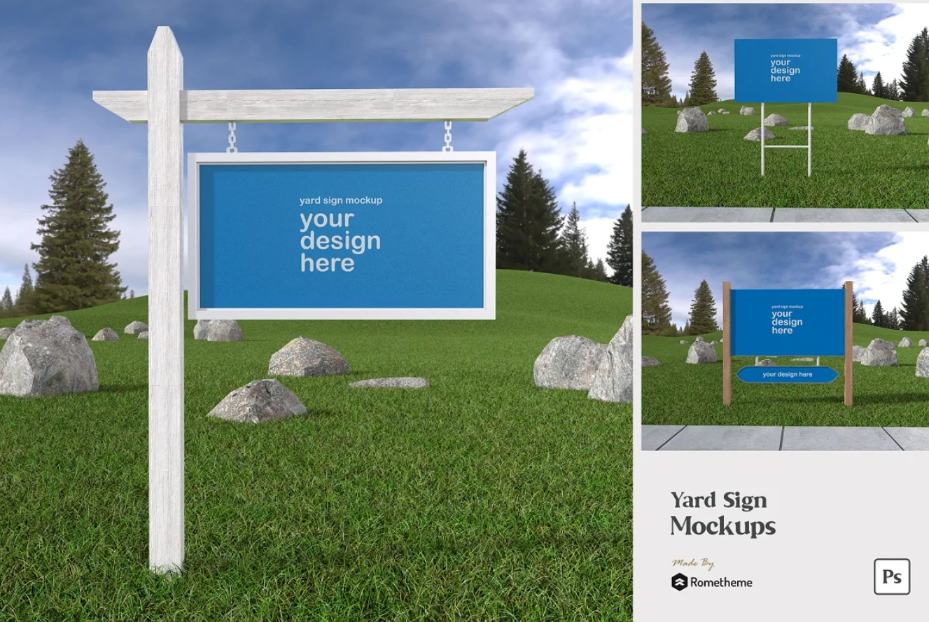 3D Yard Sign Mockup Template  on a rocky hill with pine trees and sky background