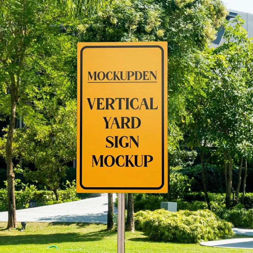 Free Vertical Yard Sign Mockup with trees in the background and walk way