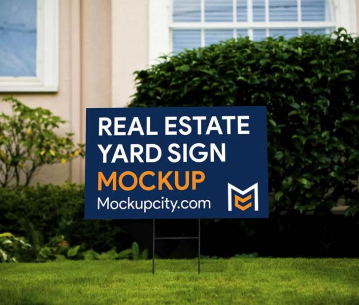 Free Yard Sign Mockup PSD in green grass with a house background