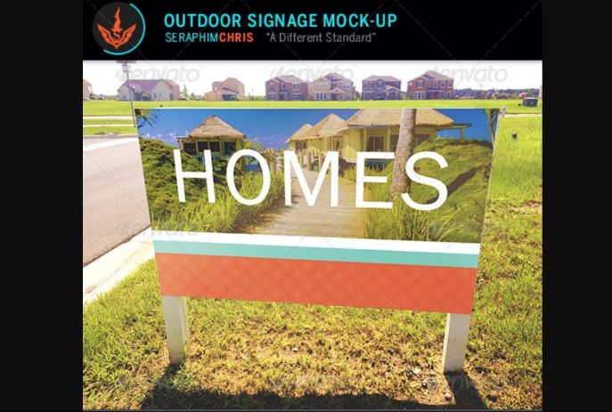 Outdoor Signage Mockup PSD beside a road and with realistic street background