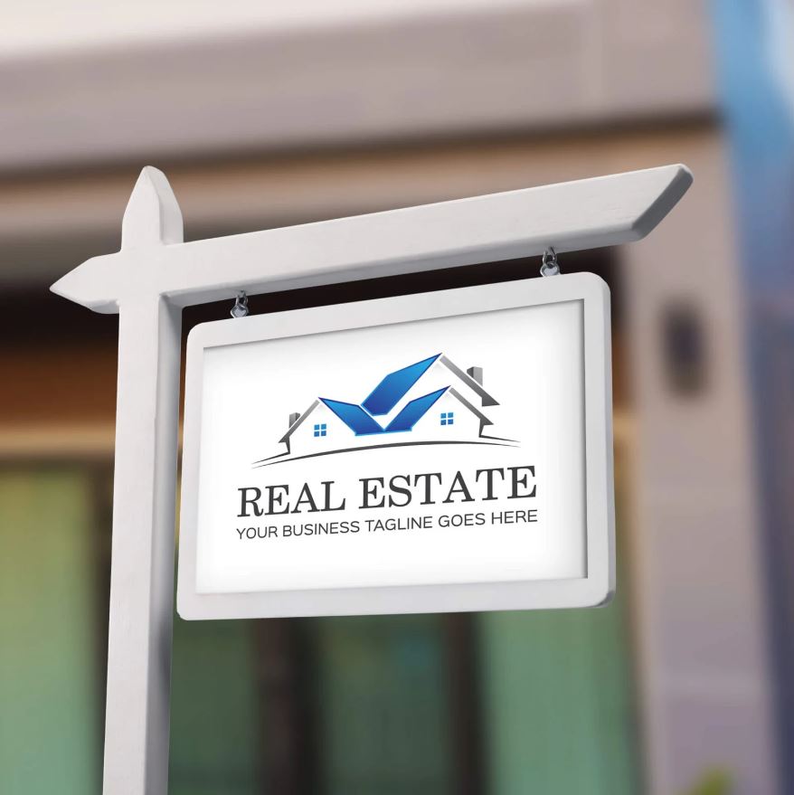 White Wooden Real Estate Yard Sign Mockup with blur house background