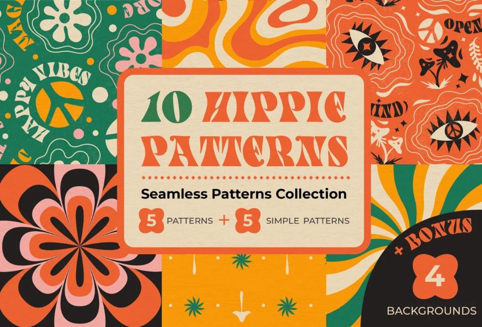 10 Unique Hippie Pattern Designs Set