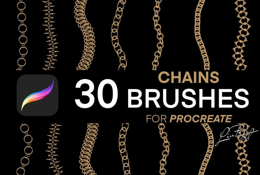 30 High Quality Chain Brushes for Procreate with black background 