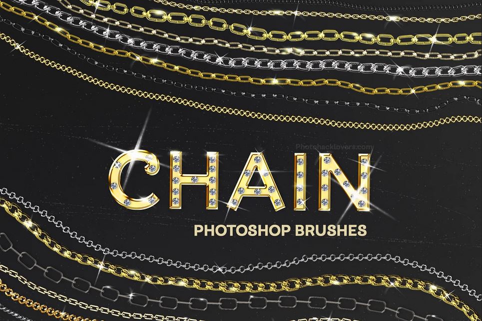 Photoshop metal chain brush on black background with shiny chains