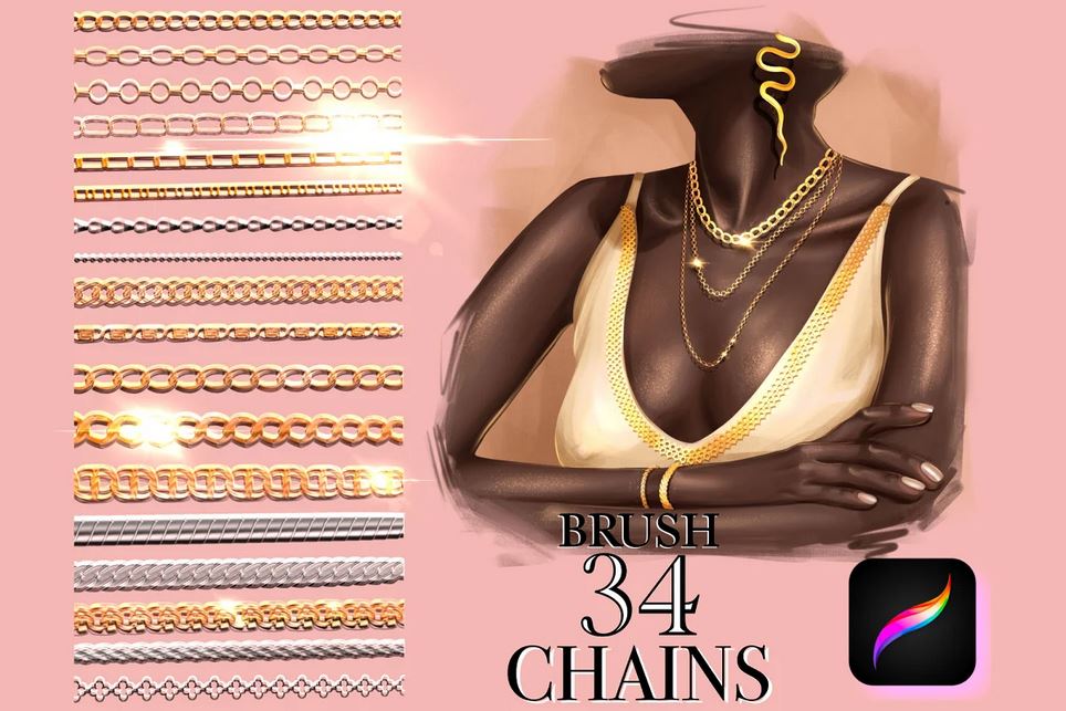 Procreate-chain-link-brush on pink background and showcasing women wearing chains