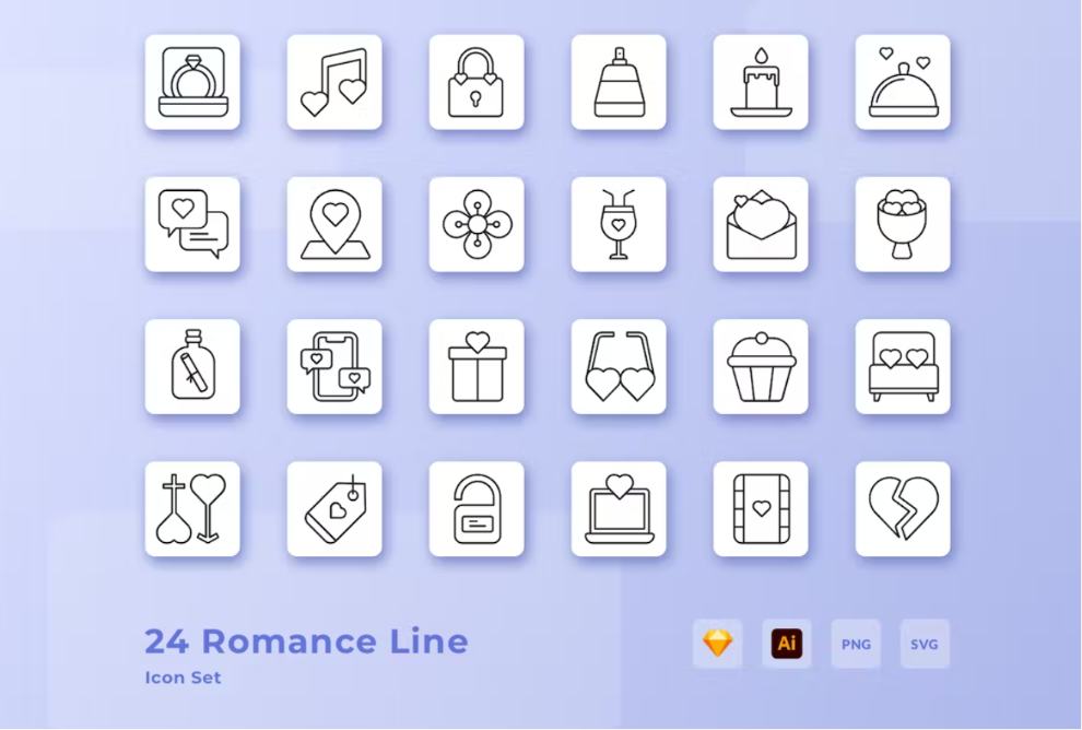 25 Romance Line Icons Set