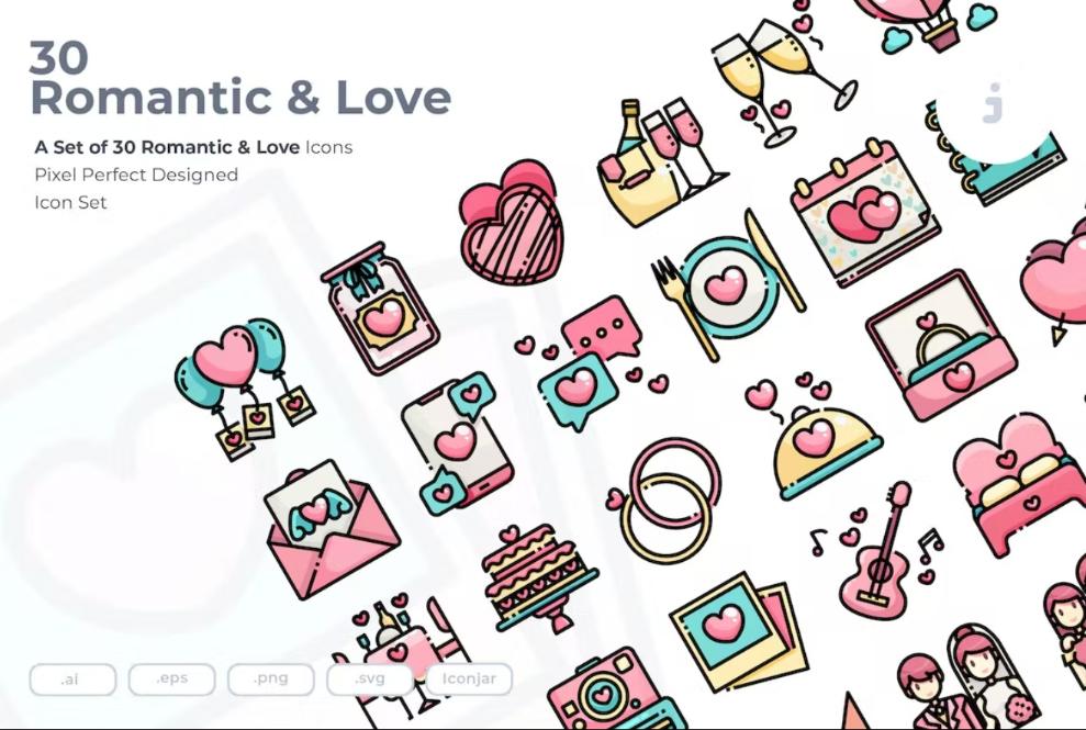 30 Romantic and Love Icons Set