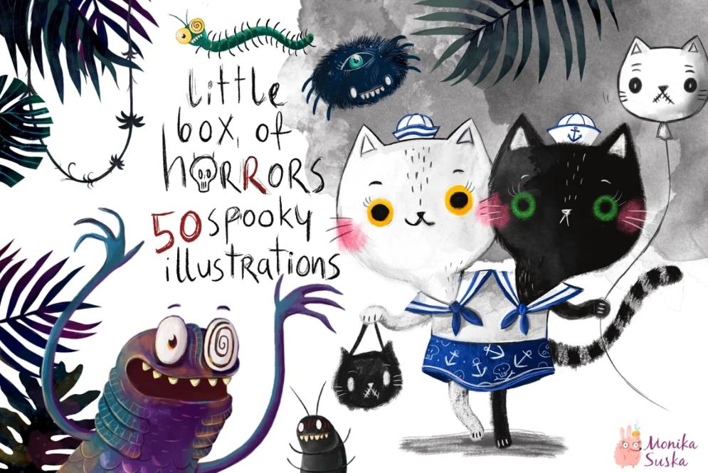 50 Halloween Spooky Illustrations Set
