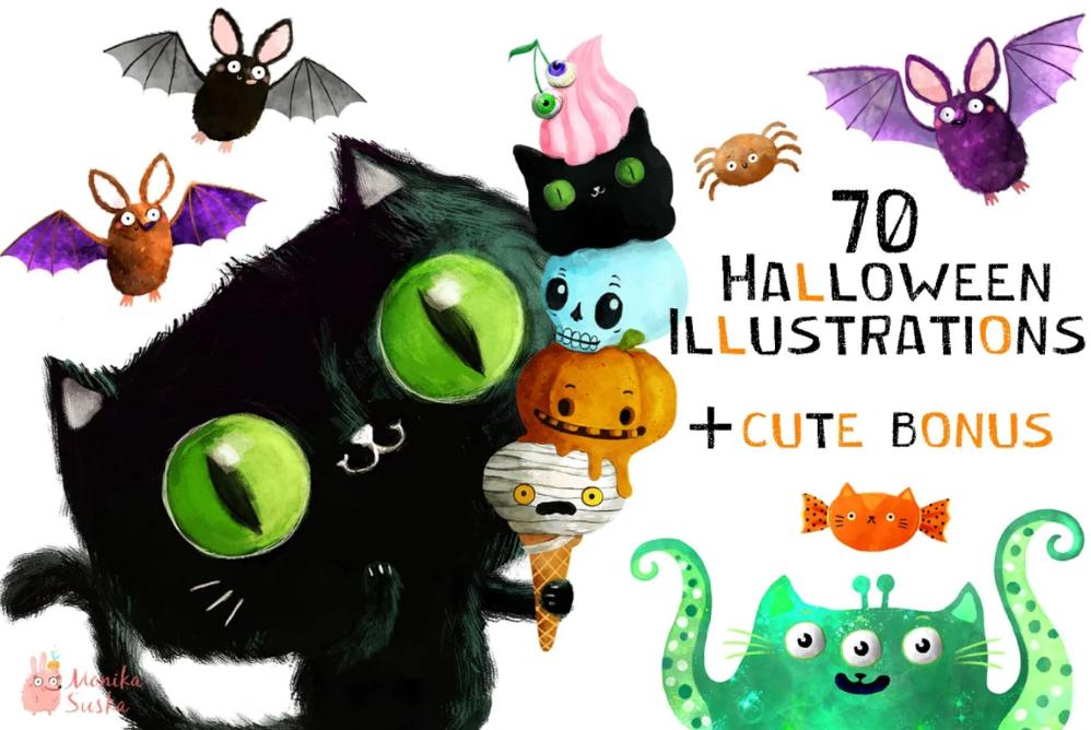 70 Halloween Character Illustartions Set