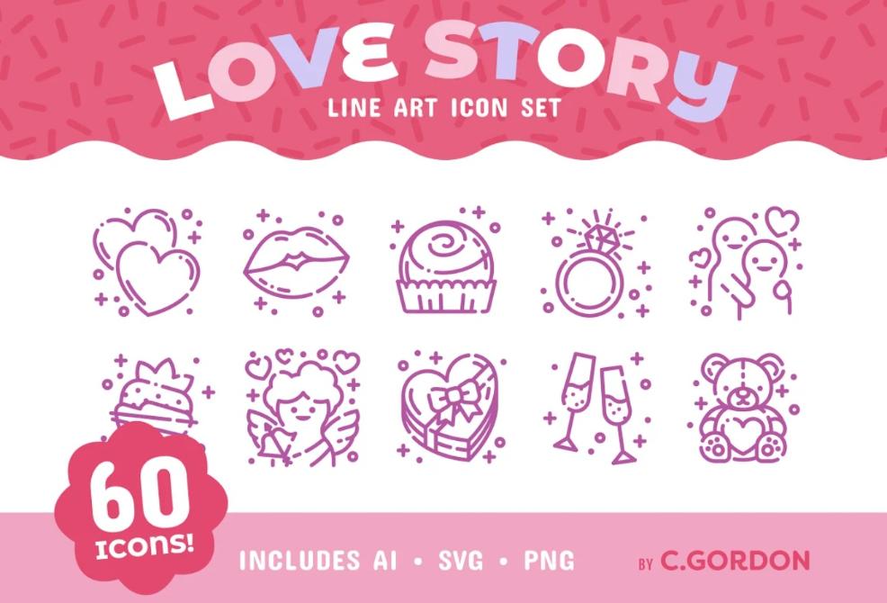 Love Story Line Icons Set