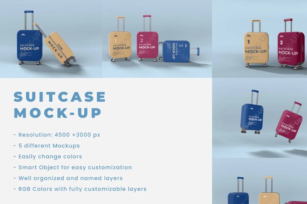 Realistic Suitcase Branding Mockup Set