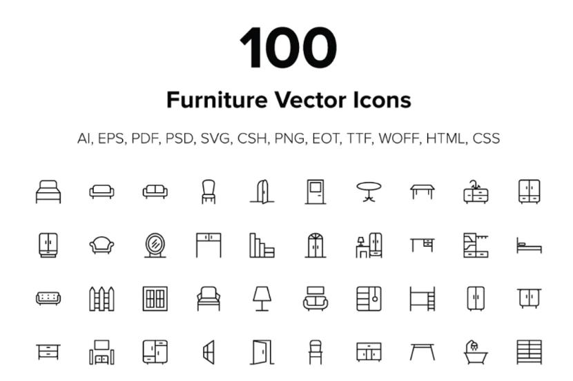 100 Furniture Line Icons Set