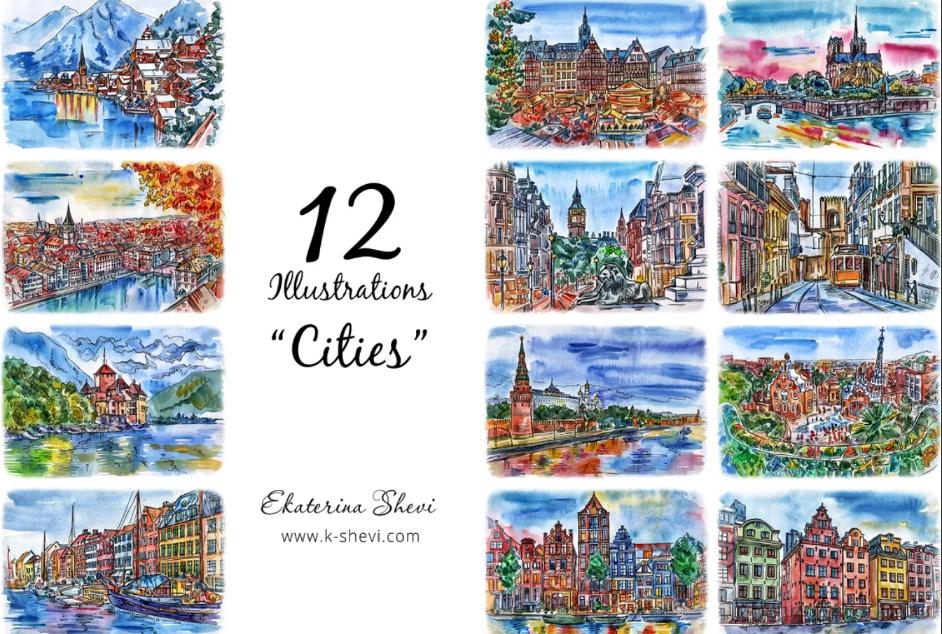 12 Unique Cities Illustration Set