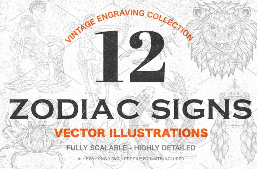 12 Vintage Zodiac Sign Elements