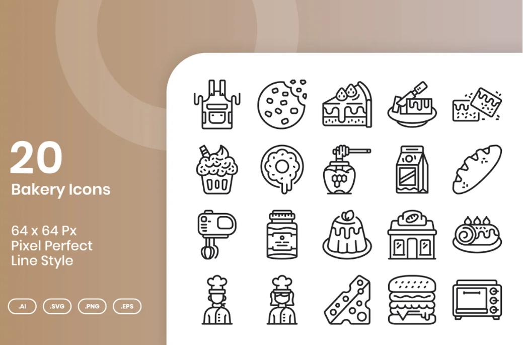 20 bakery Line Icons Set