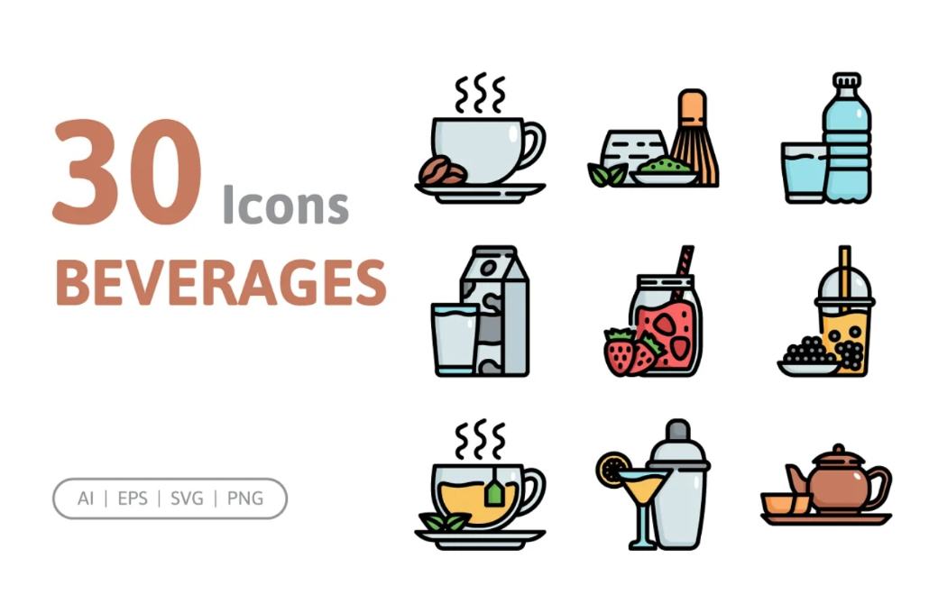 30 Beverages Vector Icons Set