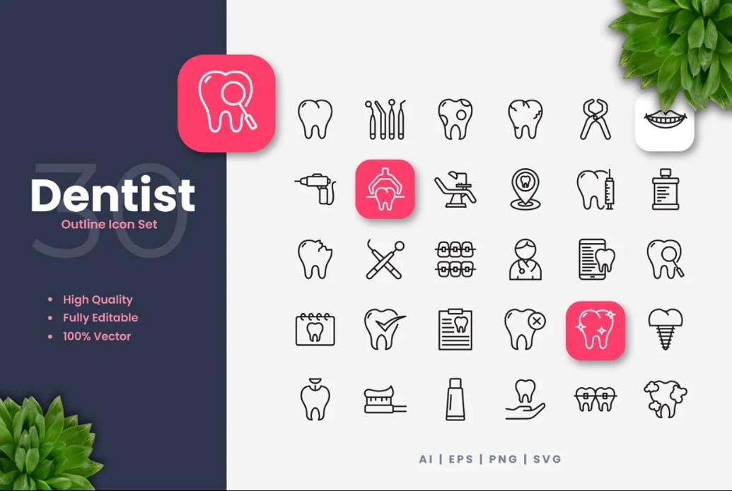 30 Dental Outline Icons Set