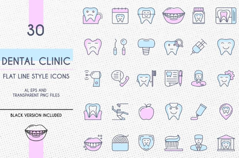 30 Flat Dental Clinic Icons Set