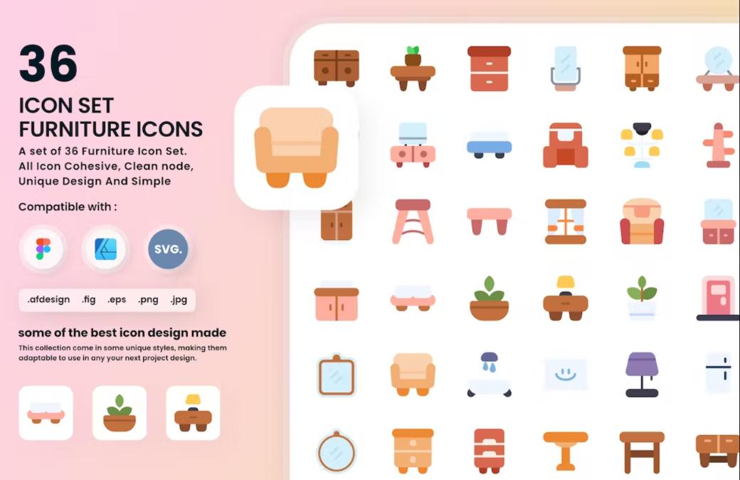 36 Colorful Furniture Icons Set