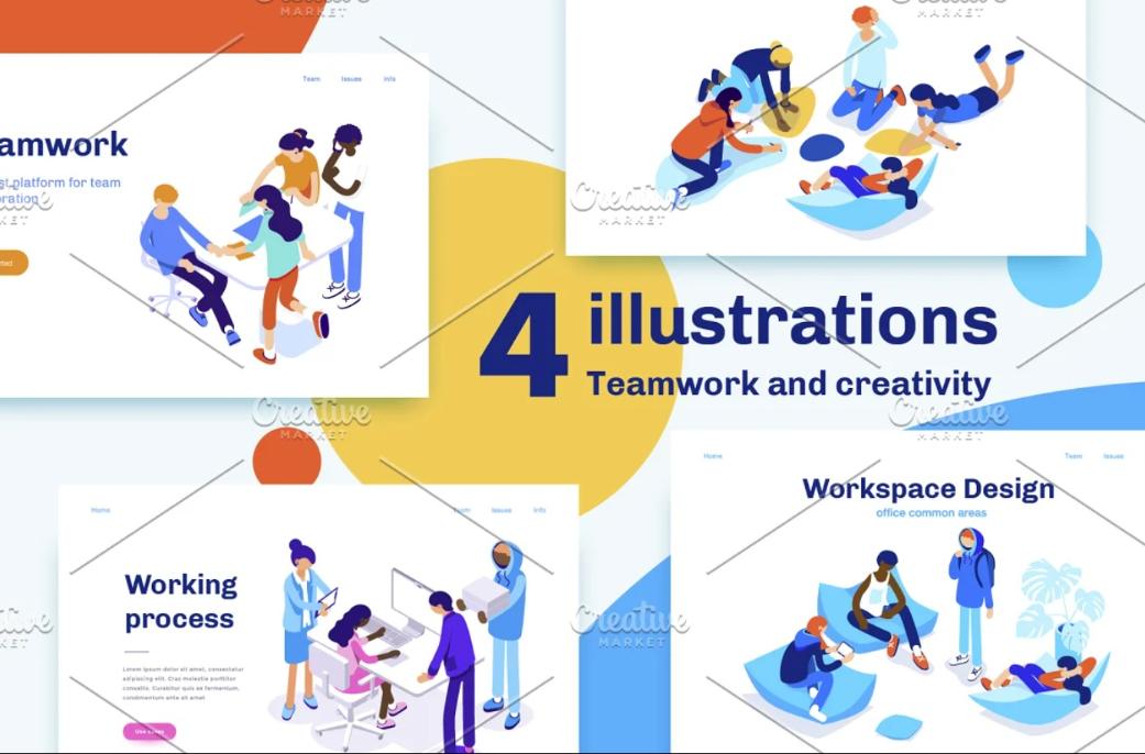4 Teamwork Isometric Illustrations