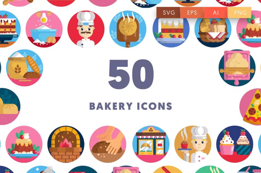50 Circular Bakery Icons Set
