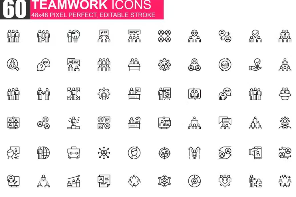 60 Thin Teamwork Icons Set