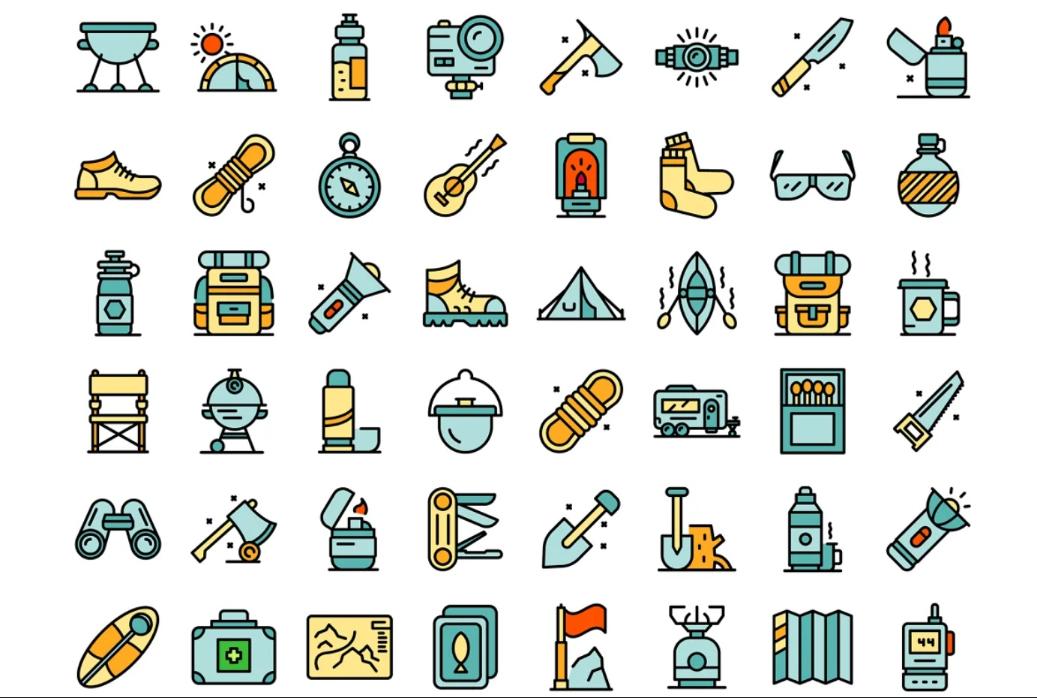Equipment for Hiking Icons Set
