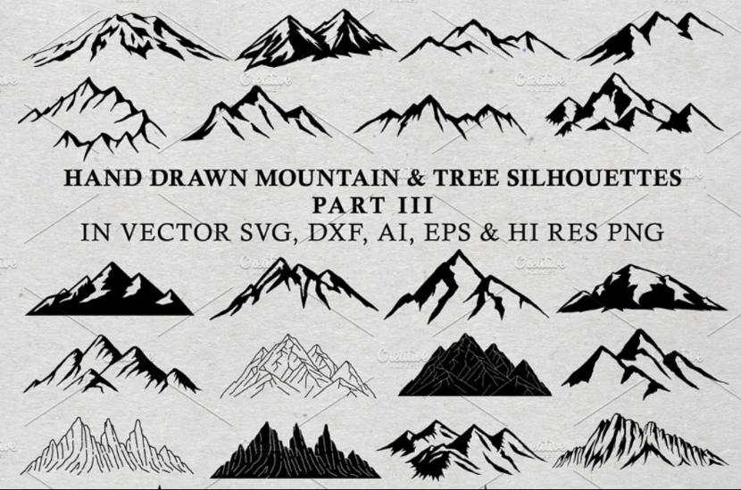 Hand Drawn Mountain and Trees Silhouettes