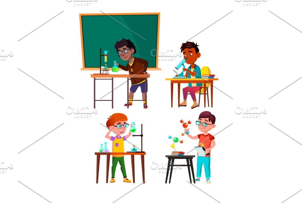 School Boys In Science Lab Illustrations
