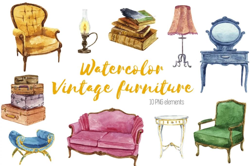 Vintage Watercolor Furniture Illustrations