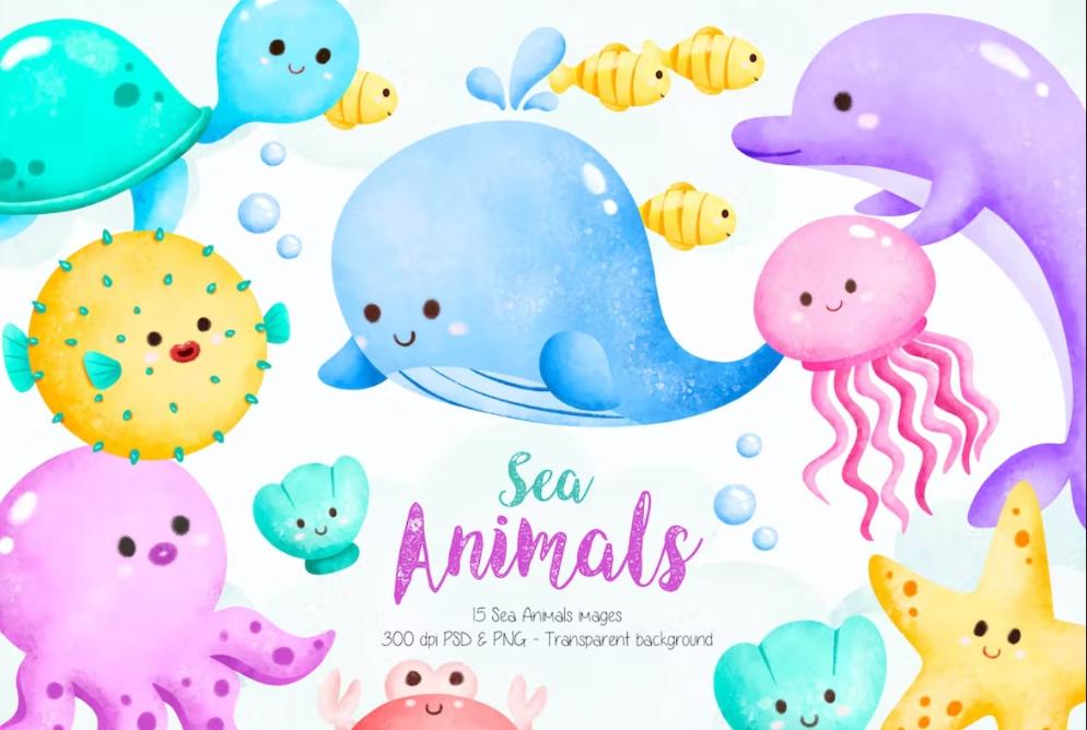 Watercolor Sea Animals Illustrations