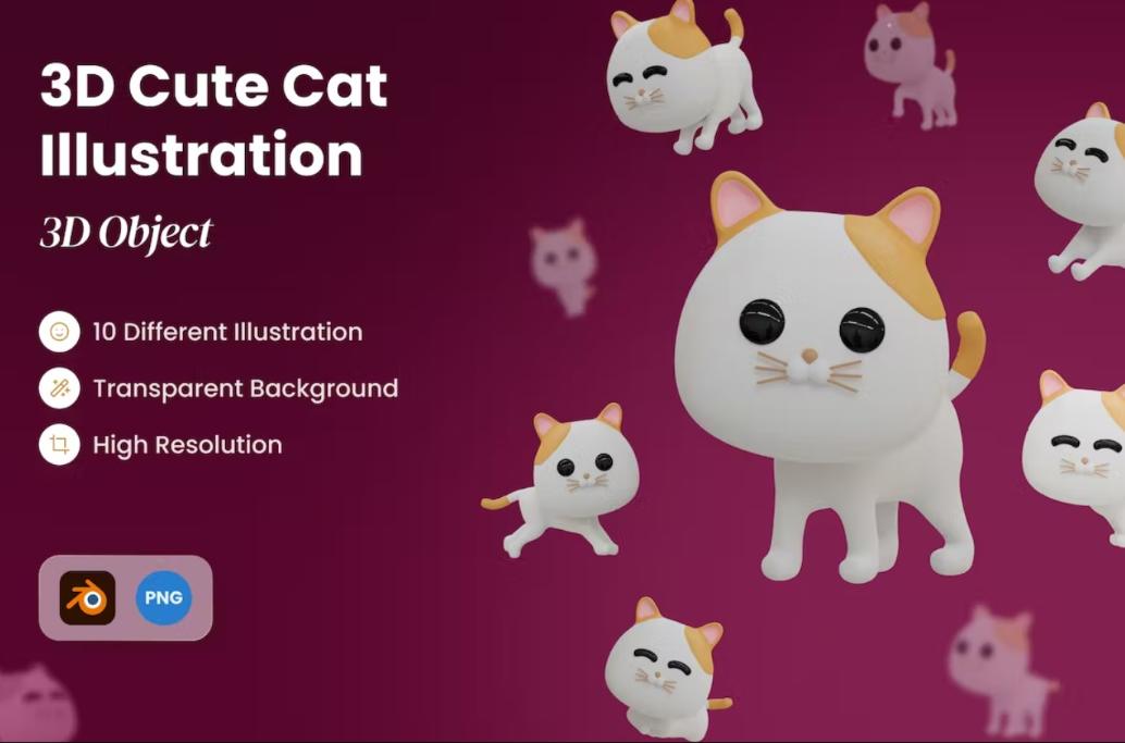 10 3D Cute Cats Illustrations