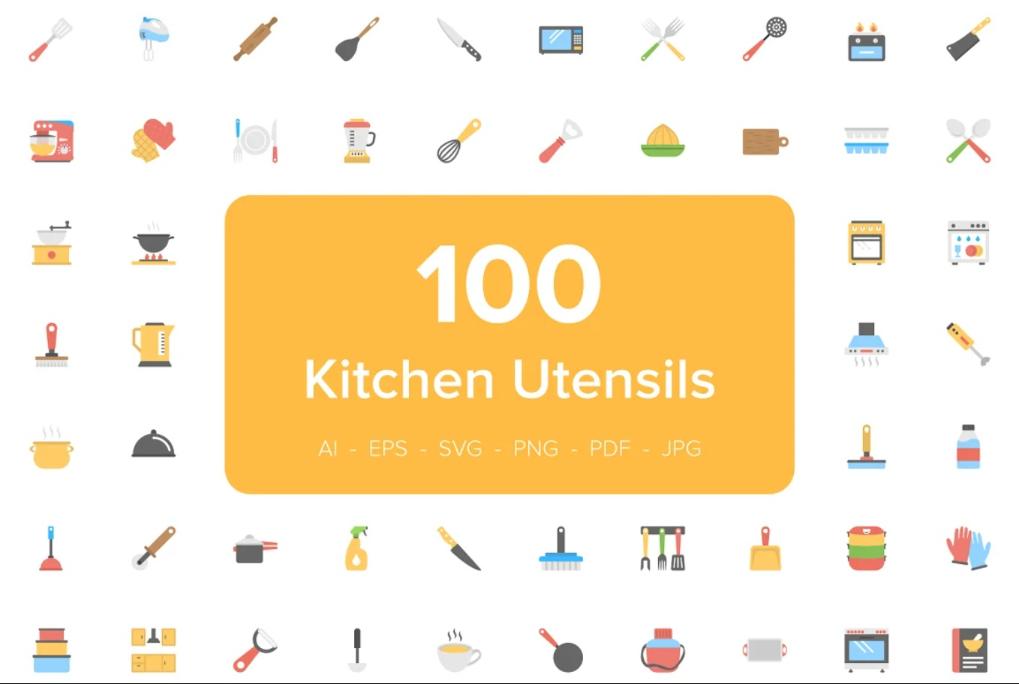 100 Unique Kitchen Utensils Icosn Set